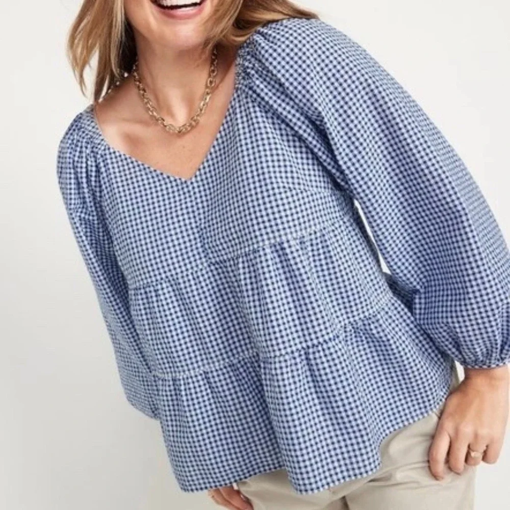 Old Navy M Tiered Blue Gingham Seersucker Long‎ Sleeve Top Puff Sleeve Wide Neck